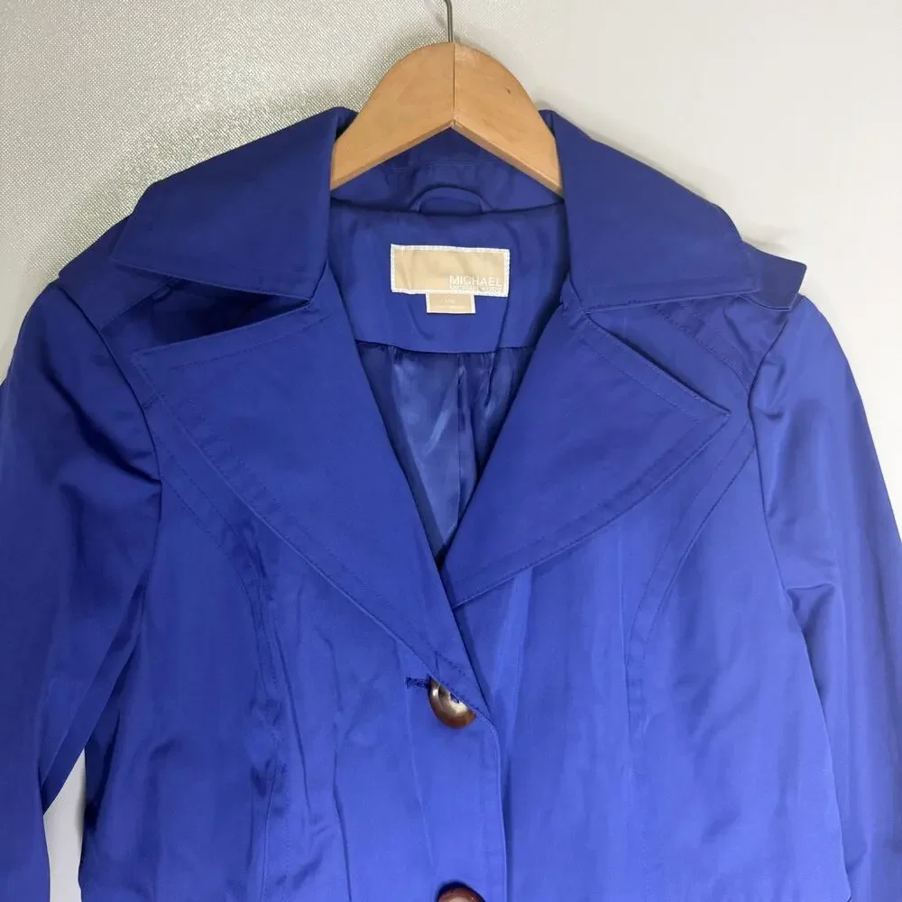 Michael Kors Trench Coat Womens M Blue Cobalt Mid Length Lined Button Front